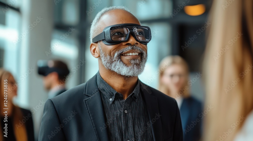 Senior man using VR glasses in office meeting Senior man using VR glasses in office meeting
