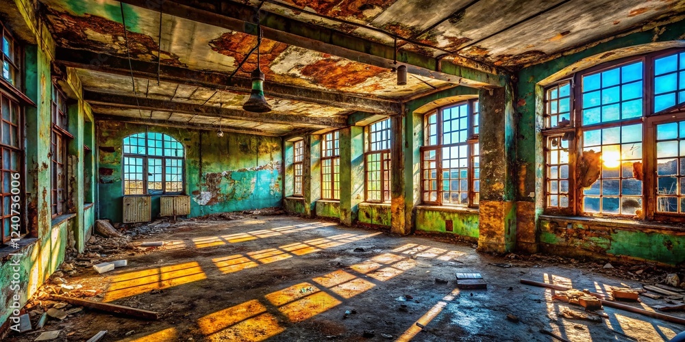 Abandoned Urban Building Interior, Decaying Architecture, Grungy City Exploration, Post-Industrial Ruin, Dark Urban Photography