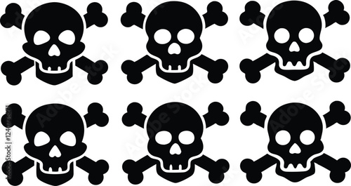 Skull and crossbones silhouette set. Death symbol, danger or poison vector icon bundle