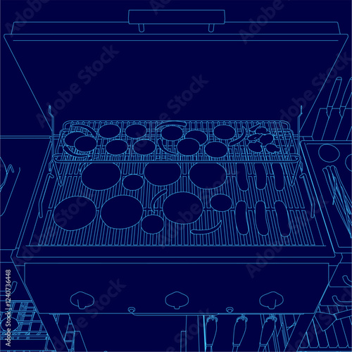 A blue drawing of a grill with a bunch of food on it.