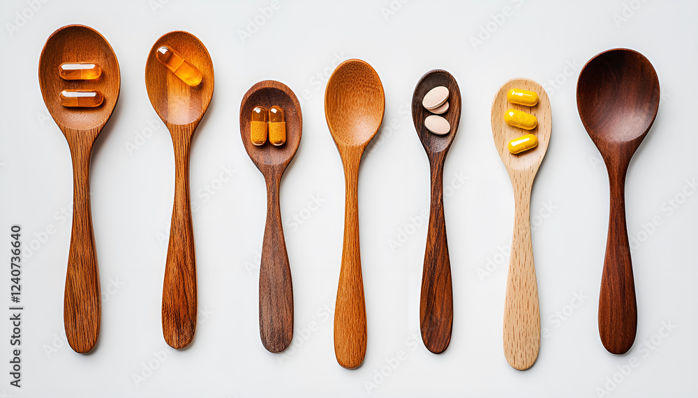 Wooden spoons with different vitamin capsules on light grey background, flat lay Wooden spoons with different vitamin capsules on light grey background, flat lay