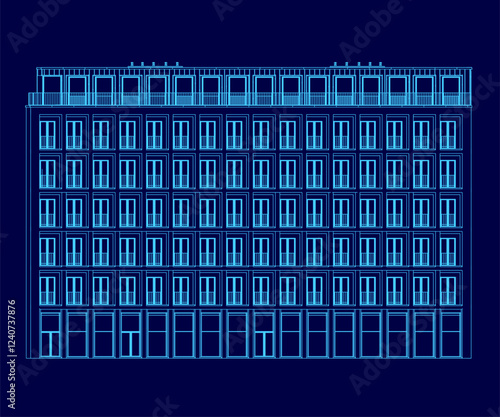 A blue building with many windows and balconies. The building is very tall and has a modern look
