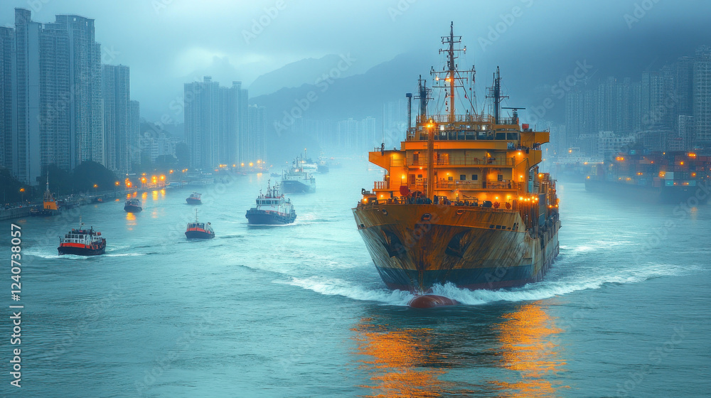 Fototapeta premium A cargo ship navigating through a busy shipping lane, with small fishing boats passing nearby