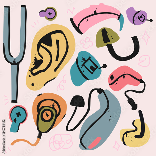 Wallpaper Mural Set of different types of hearing aids. Ear, tuning fork, batteries, earbuds. Vector illustration. Isolated design elements. Torontodigital.ca