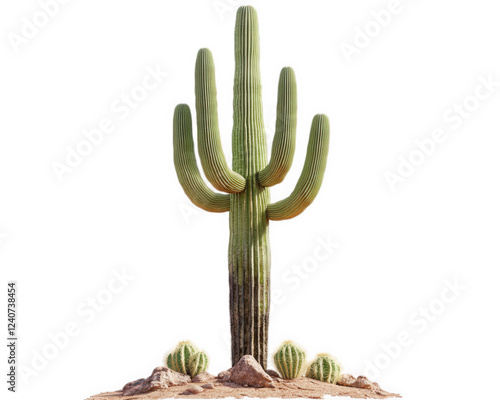 unique saguaro cactus tree stands tall, surrounded by smaller cacti on rocky soil, showcasing beauty of desert flora. This striking image captures essence of arid landscapes