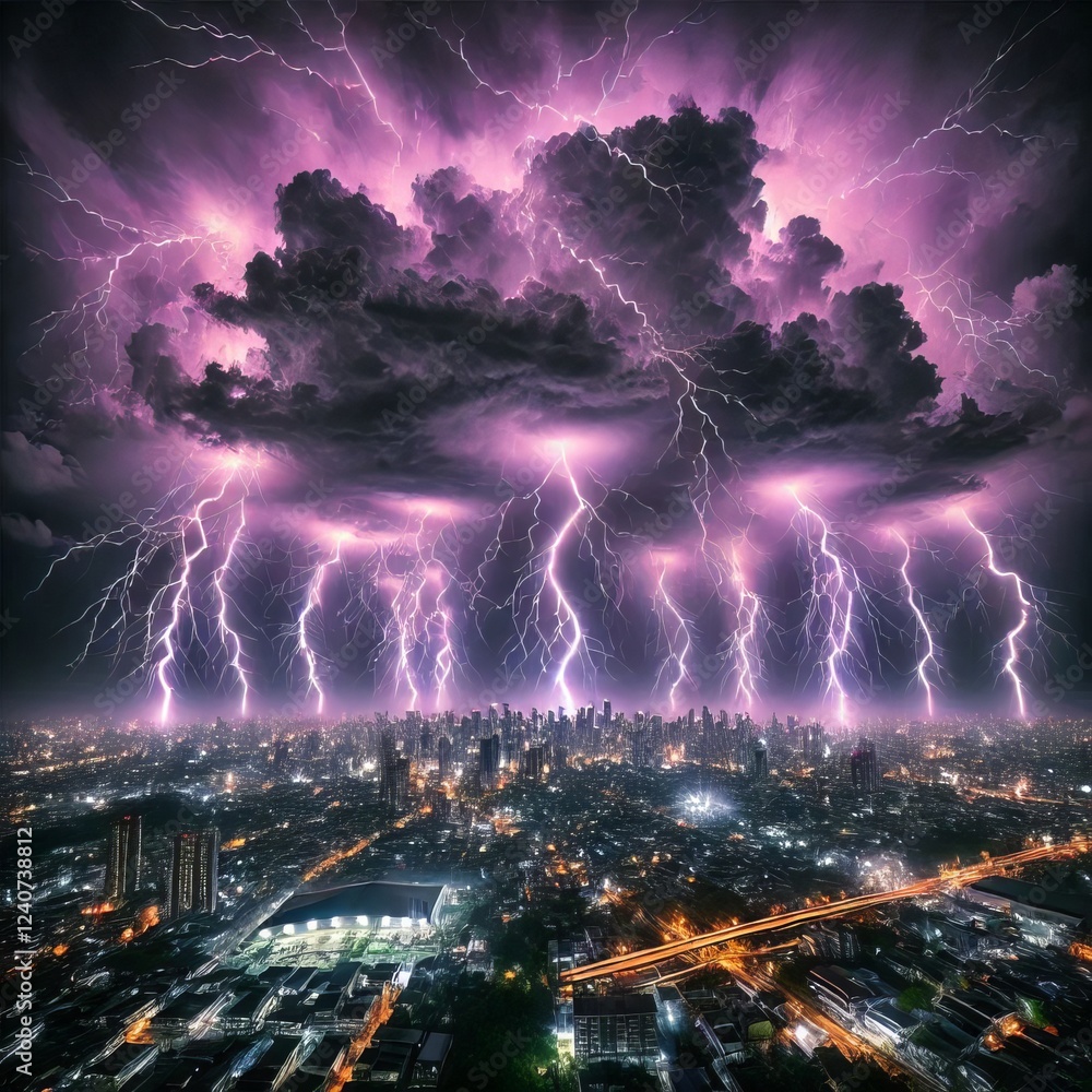 A dramatic, wide shot captures a sprawling cityscape at night, overtaken by a powerful thunderstorm.
A dramatic, wide shot captures a sprawling cityscape at night, overtaken by a powerful thunderstorm.