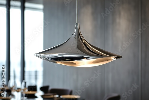 Sleek pendant light with smooth curves and polished surface enha photo