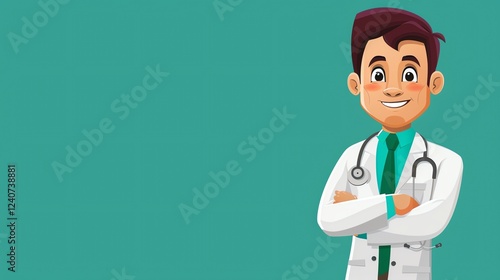 A cartoon doctor stands with arms crossed and smiles at the camera.