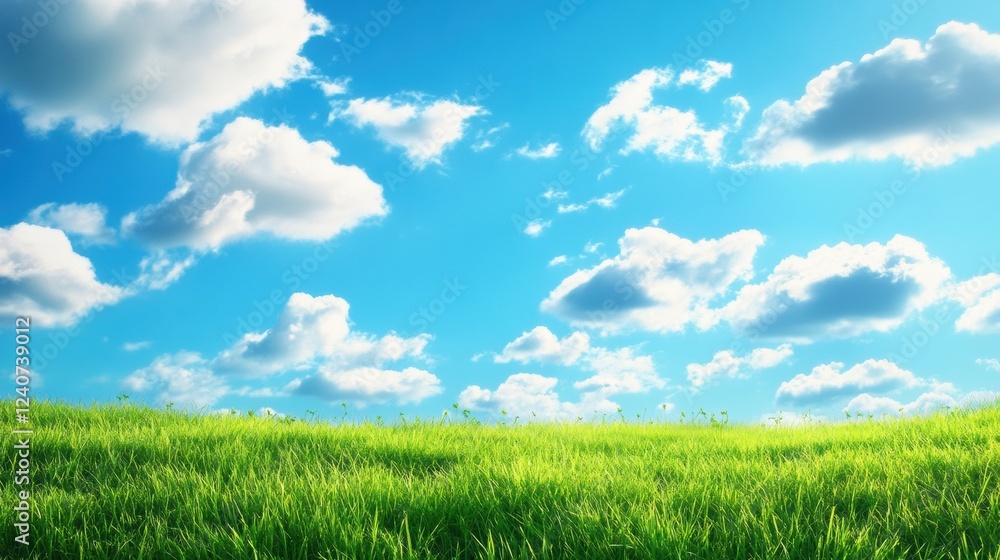 Lush green field under a bright blue sky filled with fluffy white clouds during a sunny day. Generative AI Lush green field under a bright blue sky filled with fluffy white clouds during a sunny day. Generative AI