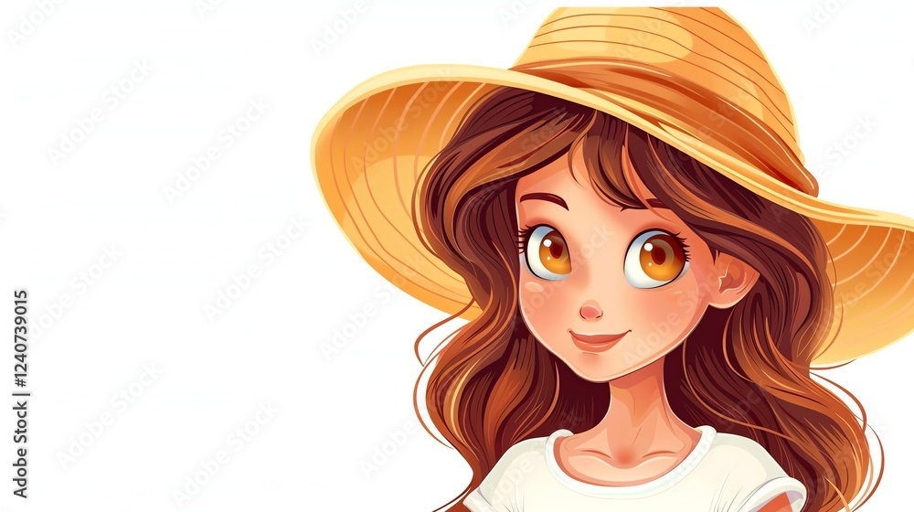 A cartoon girl with long brown hair and big brown eyes is smiling while wearing a straw hat. A cartoon girl with long brown hair and big brown eyes is smiling while wearing a straw hat.