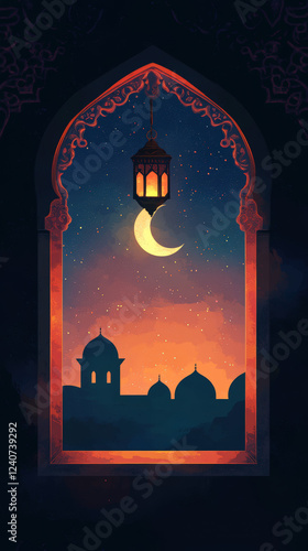 Golden Lantern and Crescent Moon Over Mosque Silhouette
