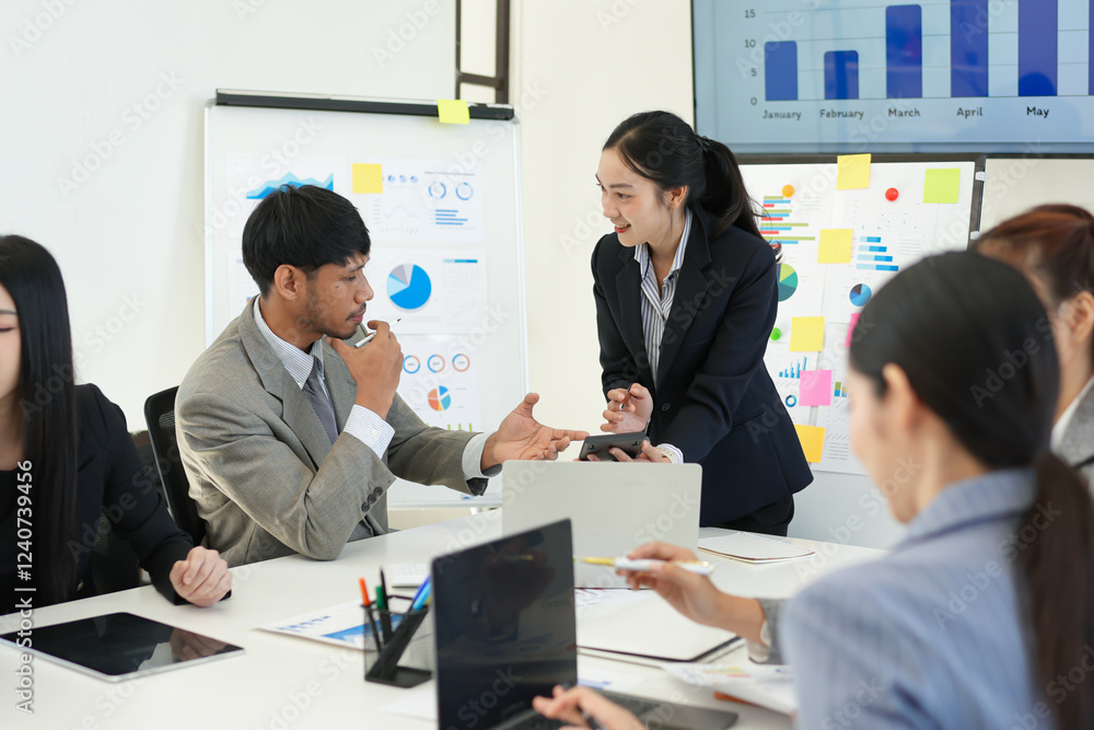 Business team brainstorming for planning strategies, laptop meeting with collaboration to present group project in office.