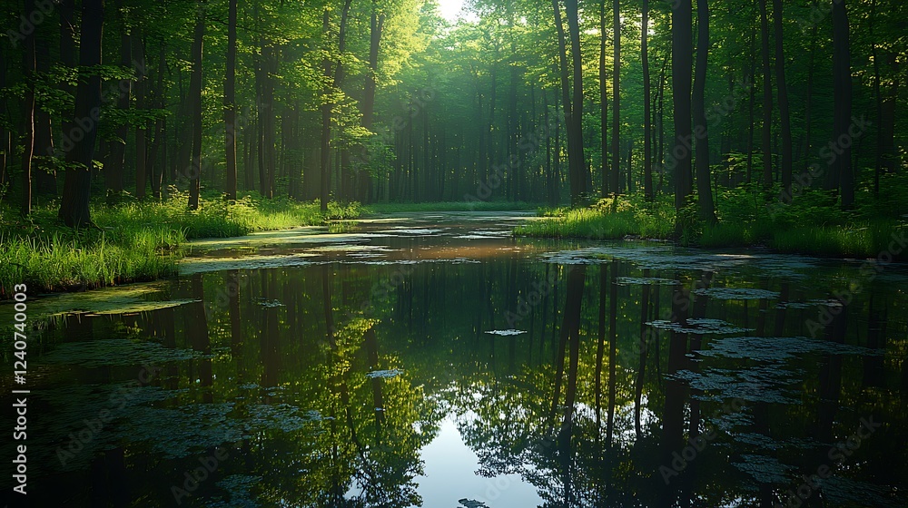 Obraz premium A tranquil forest pond, reflecting the dense greenery surrounding it, with soft light filtering through the trees above.