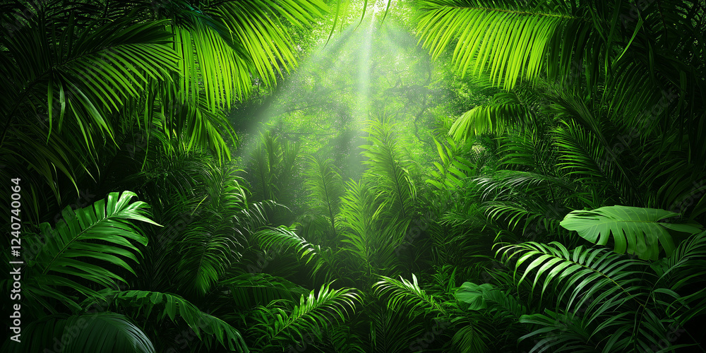 Fototapeta premium wallpaper of Dense rainforest with sunlight filtering through, isolated on white background