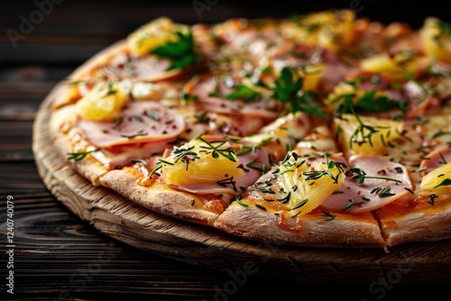 A delicious pizza topped with ham, pineapple, and herbs, resting on a wooden board against a dark background. photo