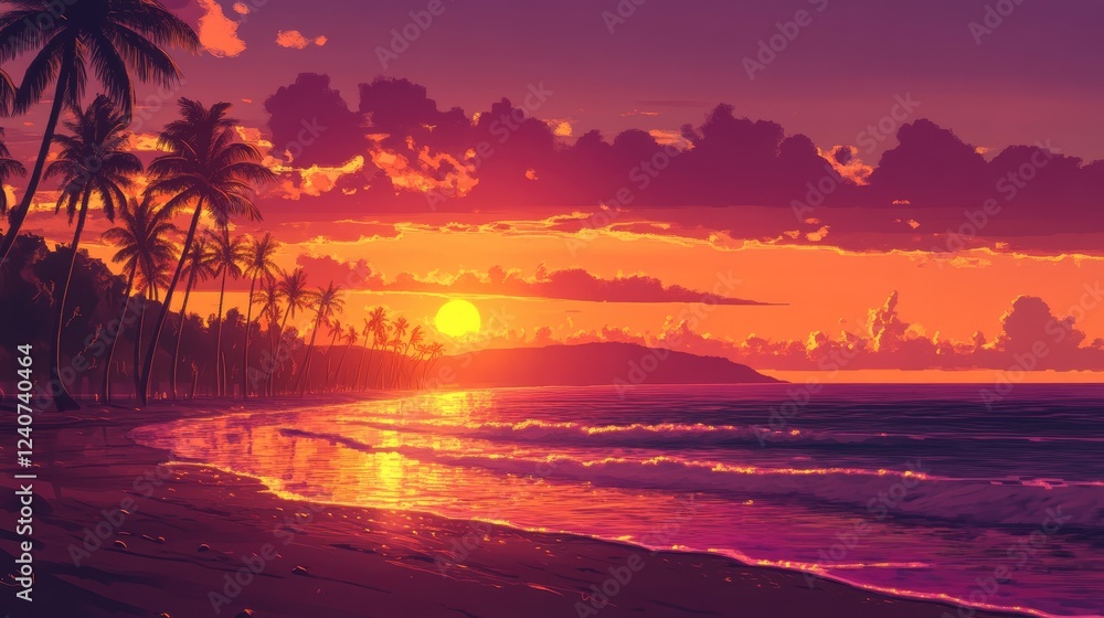A beautiful sunset over the ocean, with palm trees lining the beach and the sky glowing in golden and red hues. A beautiful sunset over the ocean, with palm trees lining the beach and the sky glowing in golden and red hues.