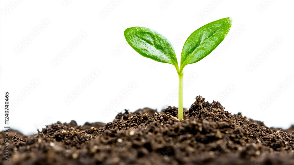 A small green sprout growing from the soil, isolated on a white background A small green sprout growing from the soil, isolated on a white background