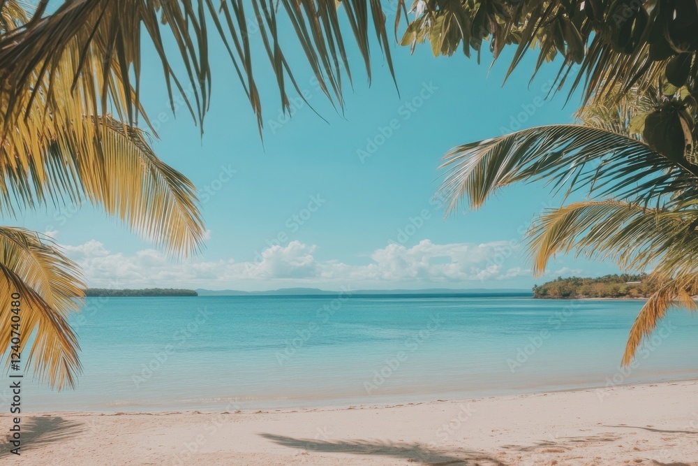 Fototapeta premium Tropical beach paradise with palm trees and clear blue skies
