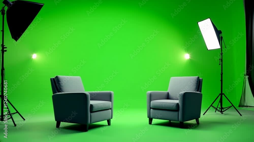 Two gray armchairs in a vibrant green studio setting features a bright green screen Two gray armchairs in a vibrant green studio setting features a bright green screen