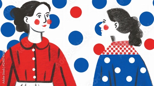 Two Women in Red and Blue Dresses, Polka Dot Background