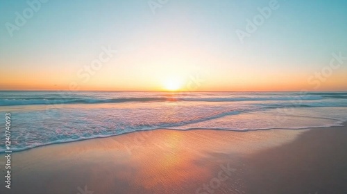 Serene beach sunrise with gentle waves and clear skies over tranquil ocean