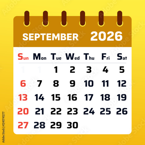Yellow september 2026 Calendar. Sep 2026 Monthly Planner. september 2026. Yellow september 2026 Time Management Calendar. 