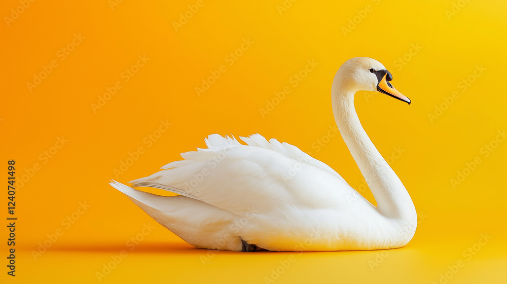 white swan with white feathers isolated on yellow background white swan with white feathers isolated on yellow background