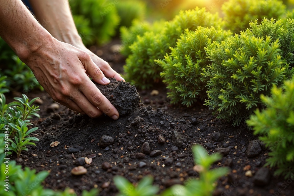 Fototapeta premium Man planting soil in the garden bed