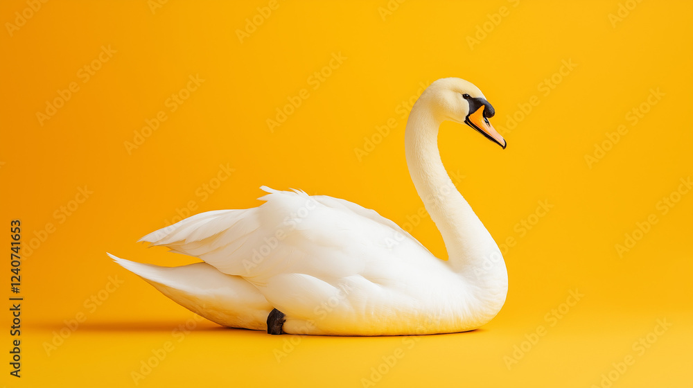 white swan with white feathers isolated on yellow background white swan with white feathers isolated on yellow background