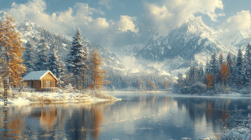 Fototapeta premium Snowy mountain lake cabin sunrise scenery