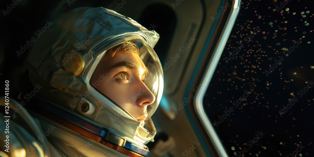 A young astronaut gazing out of a spacecraft window, observing the stars and cosmic scenery. A young astronaut gazing out of a spacecraft window, observing the stars and cosmic scenery.