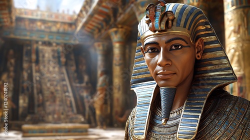 Tutankhamun King Tut Generate realistic casual image depicting King Tut in everyday attire perhaps exploring the royal chambers of his palace photo