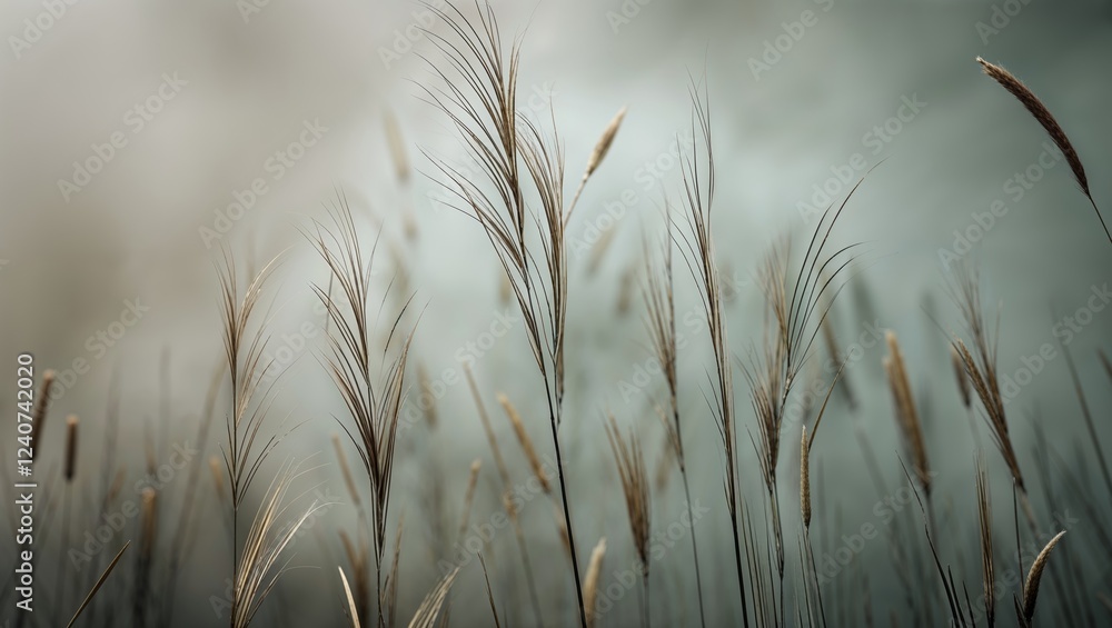 Fototapeta premium Tall grass plumes in field with soft diffused light creating hazy atmosphere