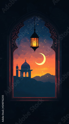 Lantern Hanging in Ornate Archway with Mosque and Moon