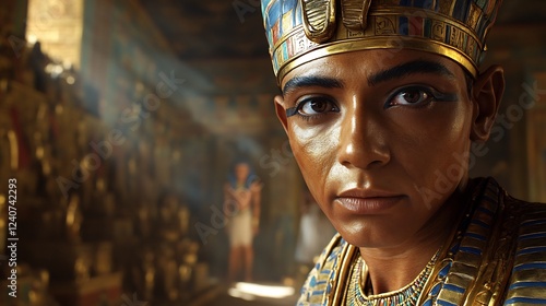 Tutankhamun King Tut Generate realistic casual image depicting King Tut in everyday attire perhaps exploring the royal chambers of his palace photo