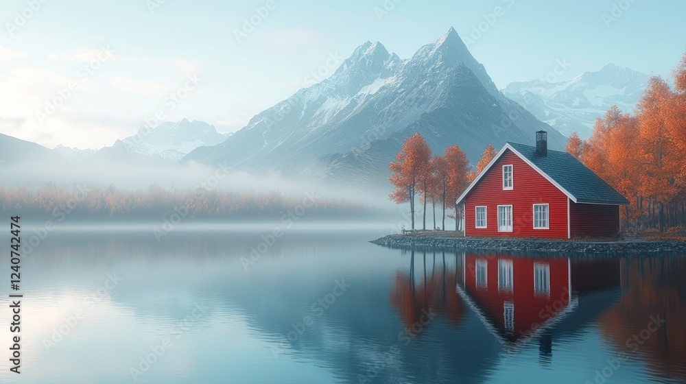 Fototapeta premium Red cabin, mountain lake, autumn mist, sunrise, peaceful retreat