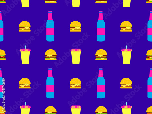 Fast food seamless pattern with burgers, soda and bottled drinks. Paper cups with carbonated drinks and cheeseburgers. Design for wrappers, wallpapers, covers, banners and posters. Vector illustration