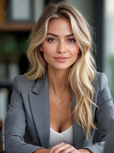 Free Download Professional businesswoman with confident smile, wearing a gray blazer. Modern office background with a blurred bookshelf. Corporate portrait, leadership, and success concept. - GFXLoad