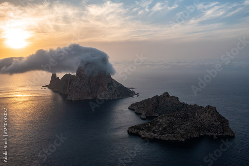 Stunning Aerial Panorama of Ibizas Coastal Beauty at Sunset photo