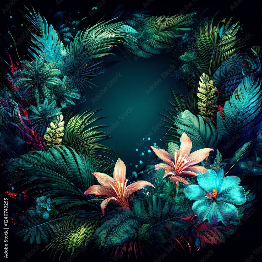 border frame beautiful palm tree leaves and jungle flowers on black background; copy space for your text border frame beautiful palm tree leaves and jungle flowers on black background; copy space for your text