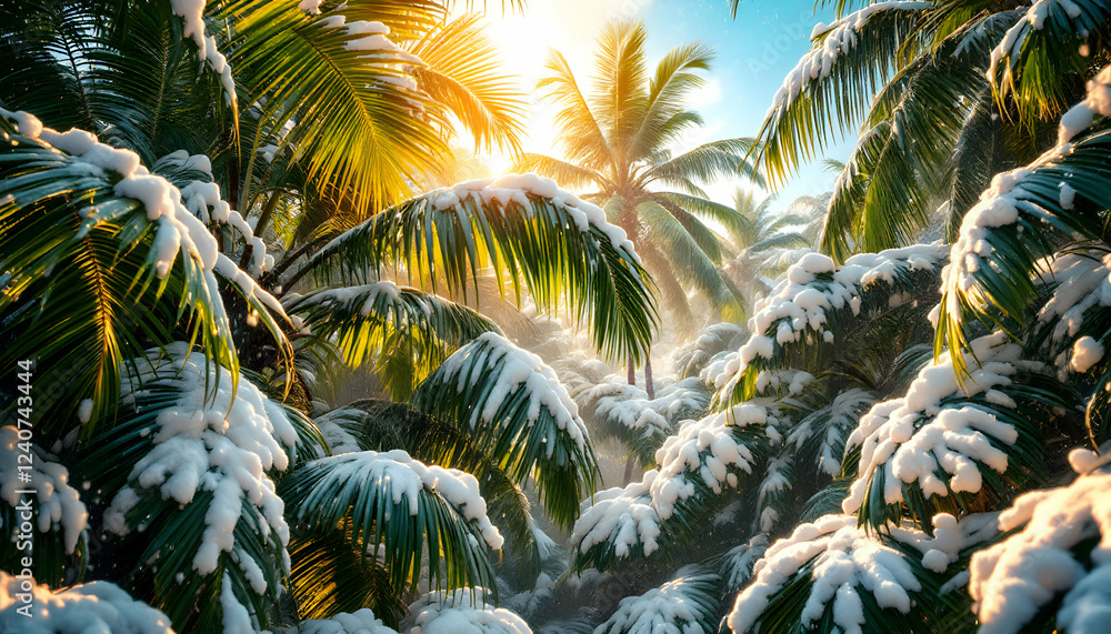 Snowy Tropical Paradise: A Wintry Sunlight Through Palm Trees Snowy Tropical Paradise: A Wintry Sunlight Through Palm Trees