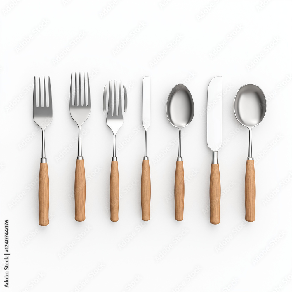 A set of kitchen utensils, home accessory element, photorealistic 3D rendering, stainless steel with wooden handles, isolated on white background A set of kitchen utensils, home accessory element, photorealistic 3D rendering, stainless steel with wooden handles, isolated on white background