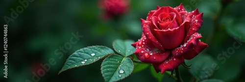 Raindrop-covered rose leaf with intricate details and veins visible, flowers, botanical