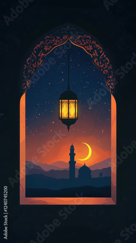 Ramadan Atmosphere with Lantern and Mosque at Twilight