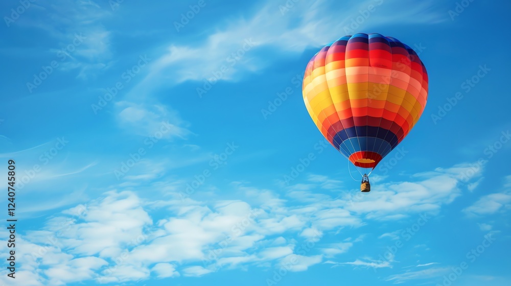 Fototapeta premium A brightly colored hot air balloon floats in a blue sky with white clouds.