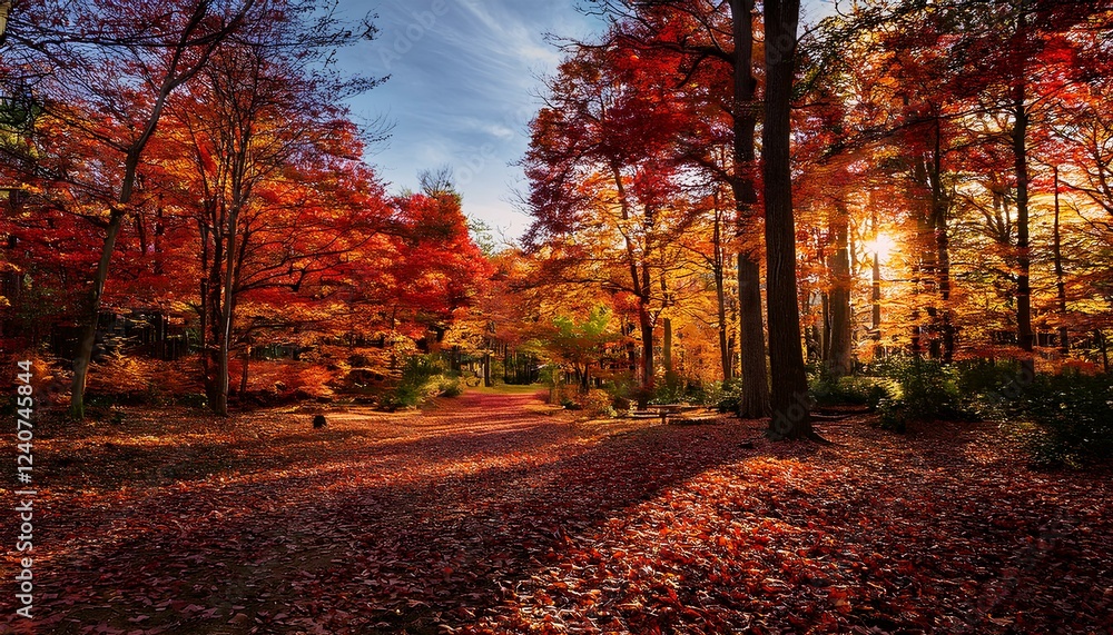 Naklejka premium A cozy autumn forest with trees displaying vibrant shades of red, orange, and yellow