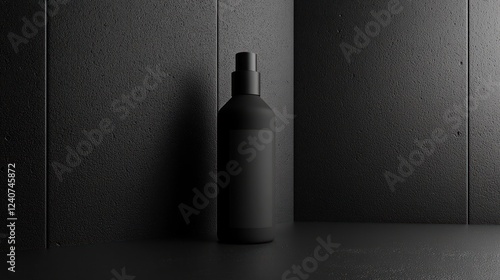 Black spray bottle mockup, dark studio, minimalist background, product placement photo