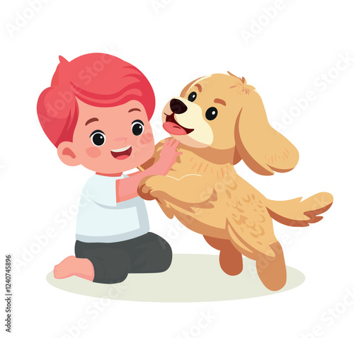 happy cute baby boy kid play with dog	