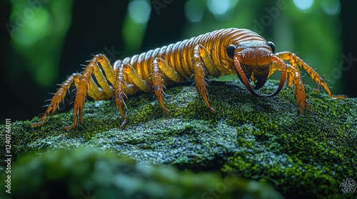 A vibrant orange centipede crawls on mossy rock photo