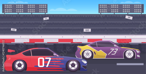 Racing Cars on Track with Grandstands